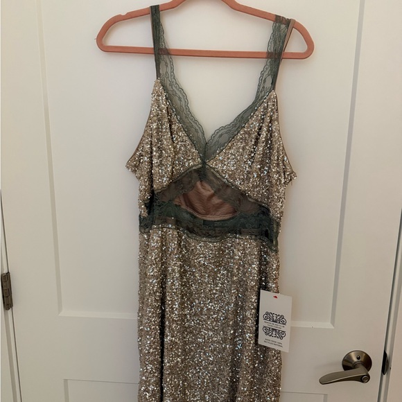 Never Fully Dressed Dresses & Skirts - Never Fully Dressed Gold Sequin Chemise with Green Lace